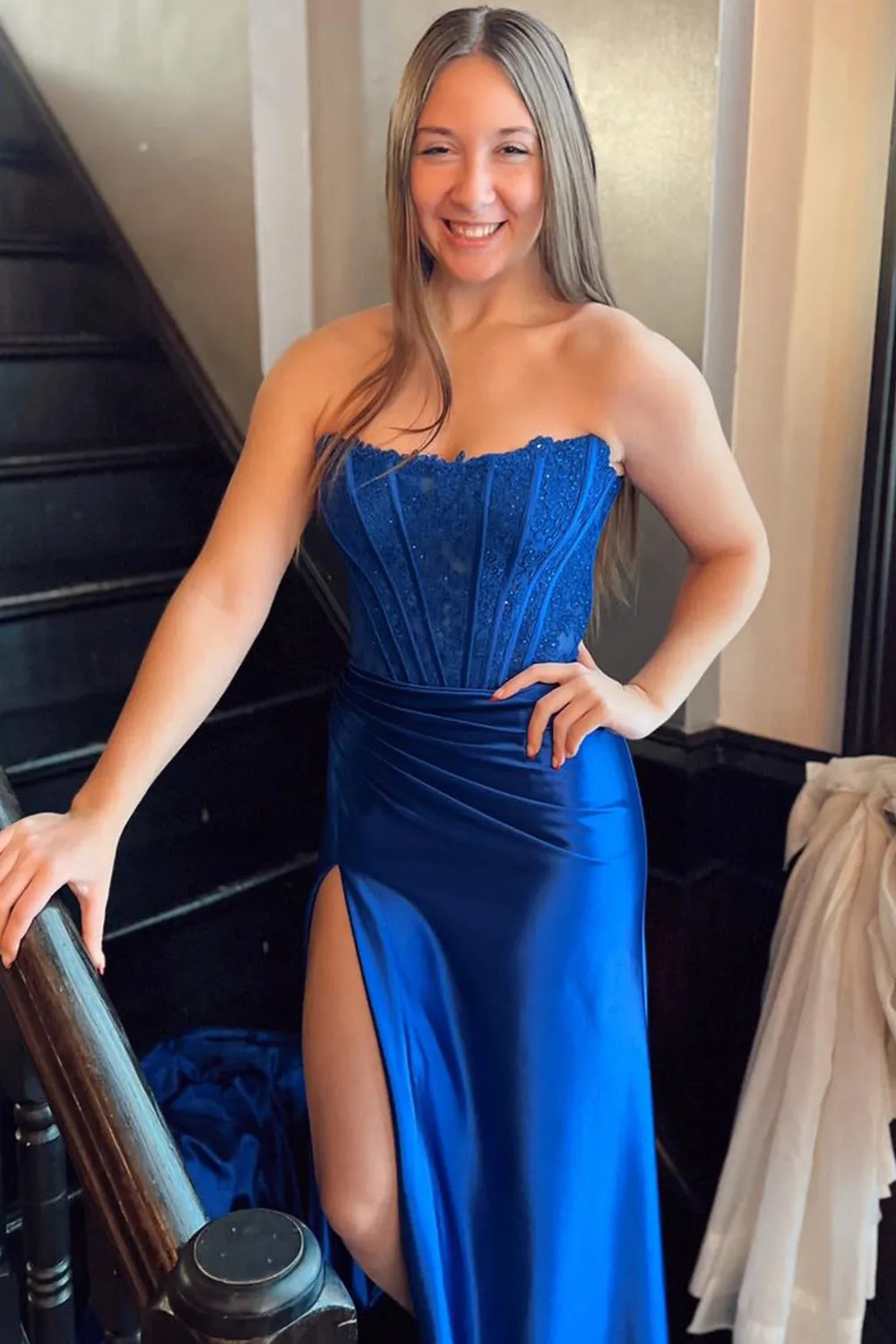Arielle |Sheath Strapless Corset Satin Prom Dress with Slit