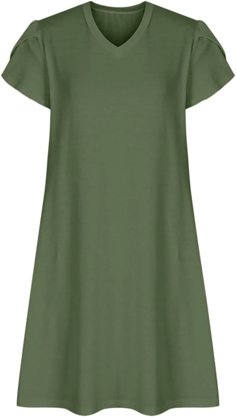 Beach Dresses for Women 2025 Summer Solid Basic Mini Dress Casual V Neck Short Sleeve Dresses with Pockets