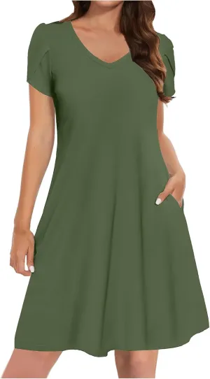 Beach Dresses for Women 2025 Summer Solid Basic Mini Dress Casual V Neck Short Sleeve Dresses with Pockets