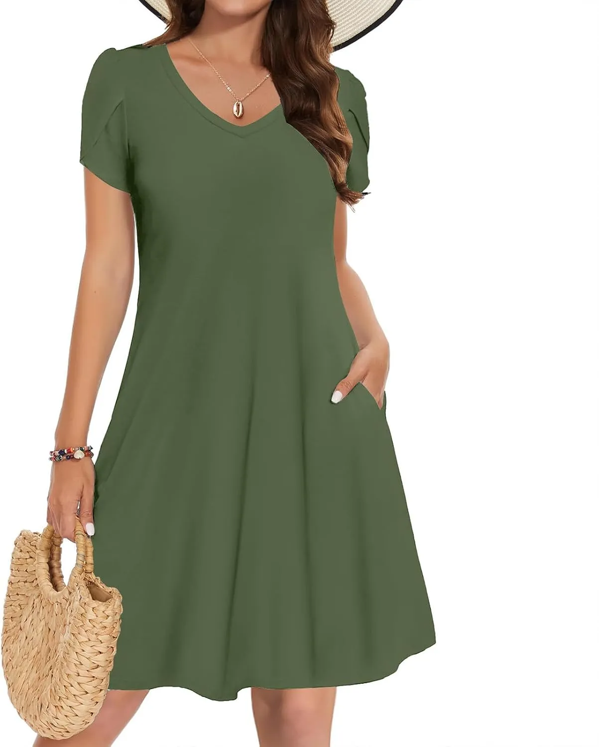 Beach Dresses for Women 2025 Summer Solid Basic Mini Dress Casual V Neck Short Sleeve Dresses with Pockets