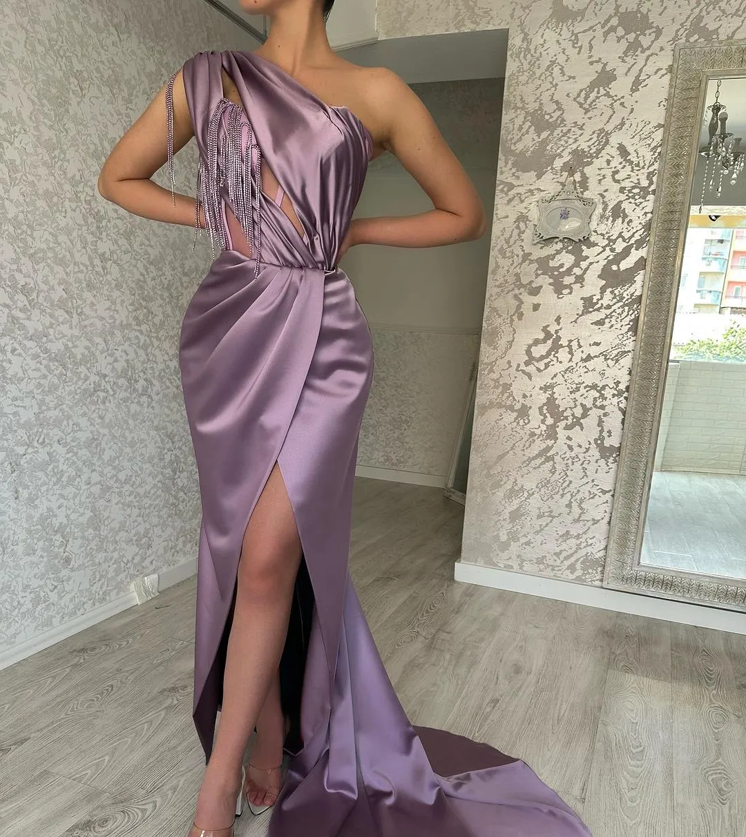 Beautiful Long Purple One Shoulder Beading Sleeveless Prom Dress With Slit