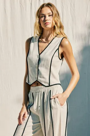 Binding Linen Vest Top- Natural