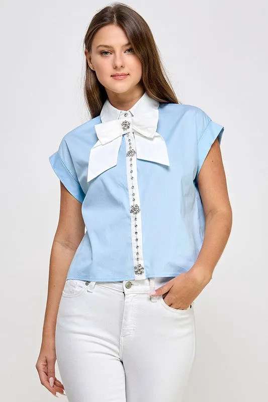 Blue Big Ribbon N Rhinestone Detail Shirt