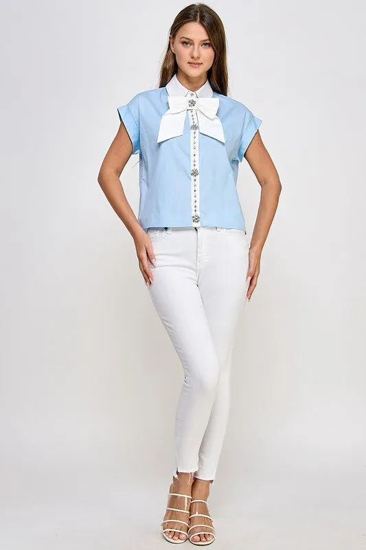 Blue Big Ribbon N Rhinestone Detail Shirt
