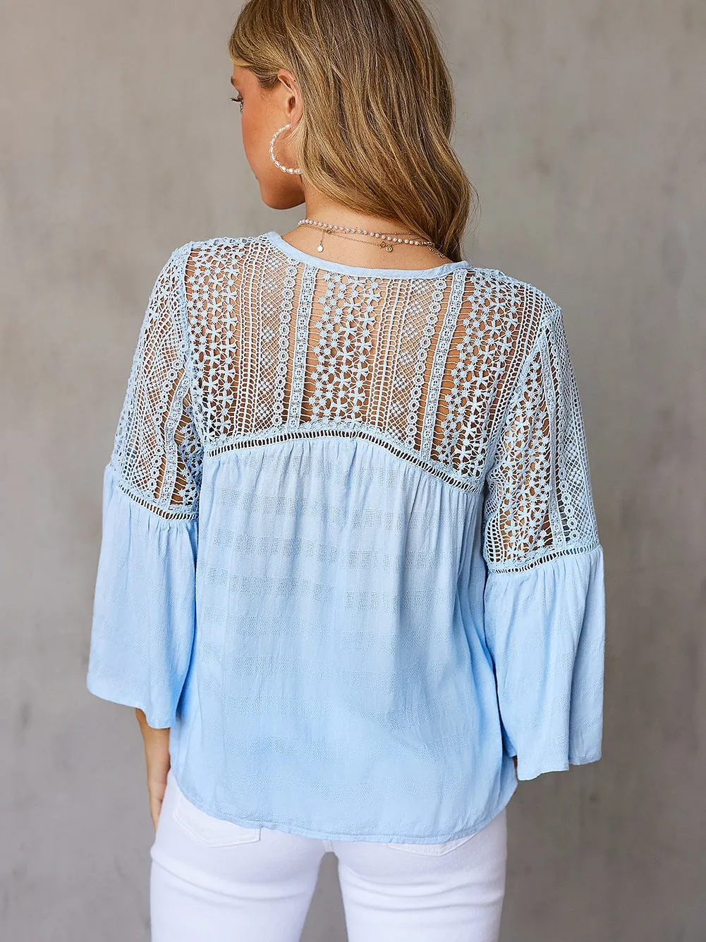 Blue Crochet Bell Sleeve Button-Up