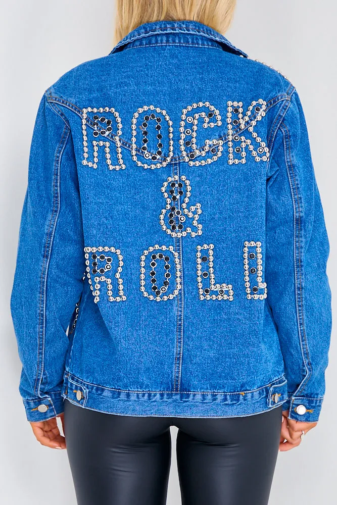 Blue Rock And Roll Slogan Studded Denim Jacket