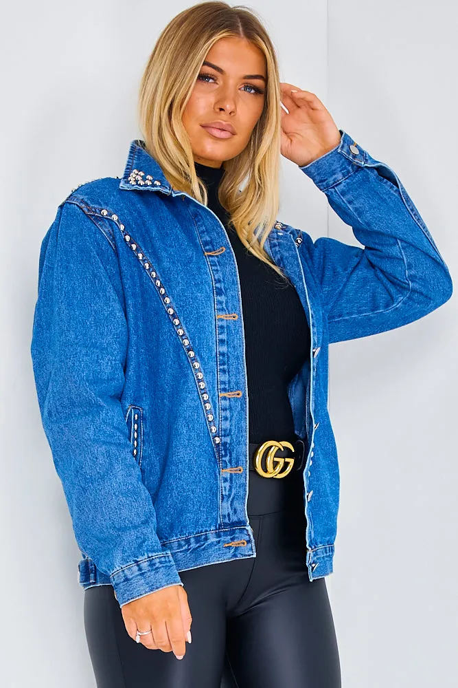 Blue Rock And Roll Slogan Studded Denim Jacket