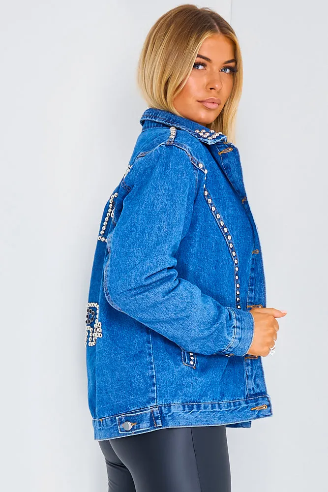 Blue Rock And Roll Slogan Studded Denim Jacket
