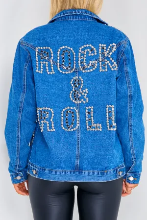 Blue Rock And Roll Slogan Studded Denim Jacket