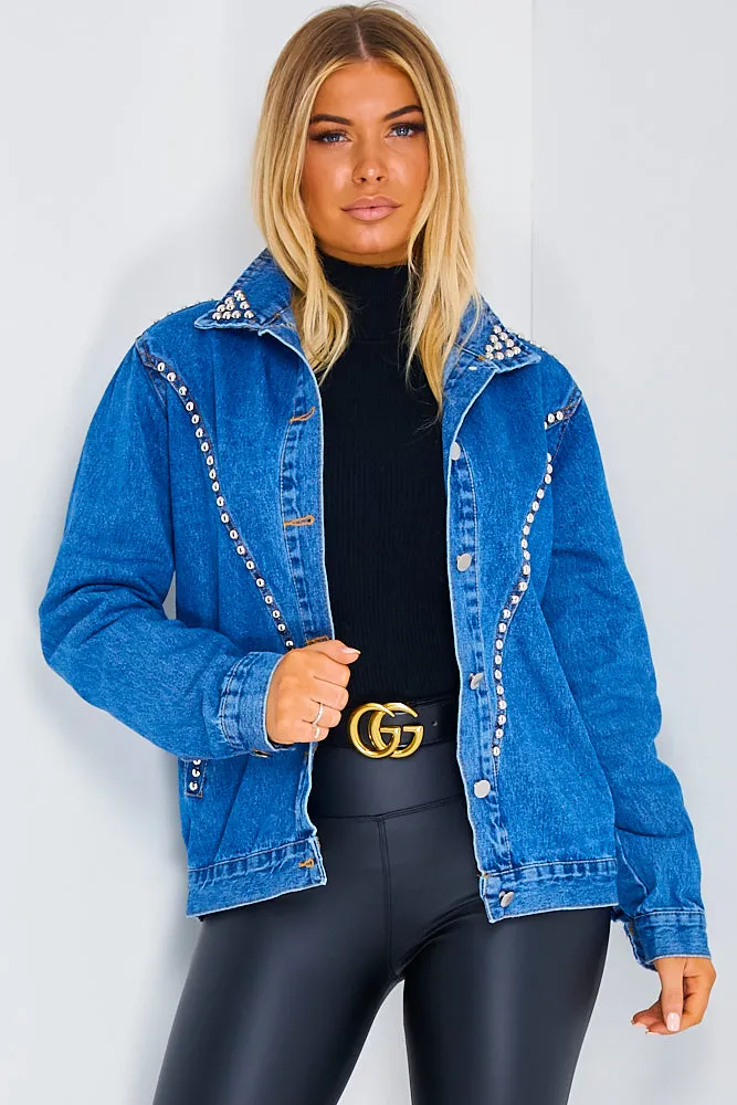 Blue Rock And Roll Slogan Studded Denim Jacket