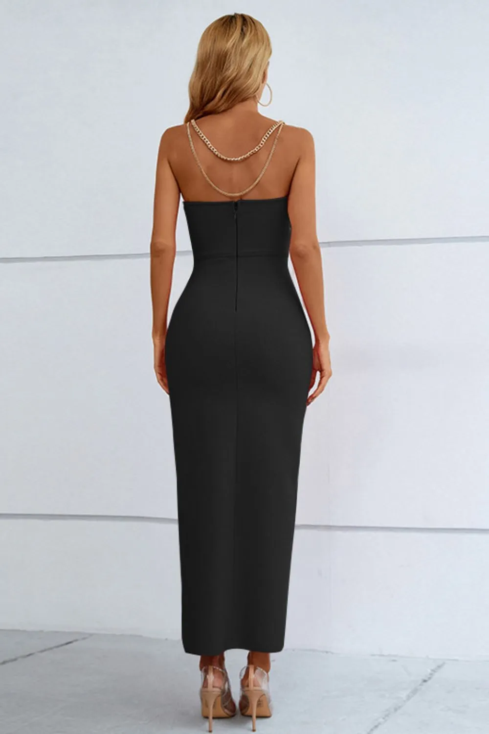 Chain Detail Side Split Sweetheart Neck Maxi Dress
