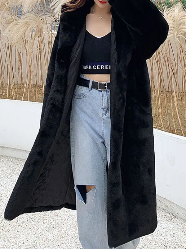 Faux Fur Coats For Women Hooded Long Sleeves Polyester Long Pink Winter Overcoat