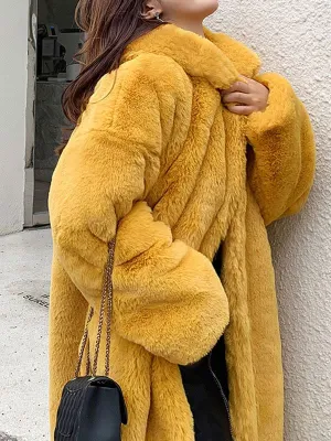Faux Fur Coats For Women Hooded Long Sleeves Polyester Long Pink Winter Overcoat