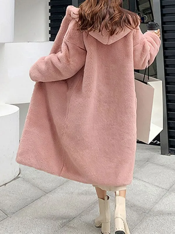 Faux Fur Coats For Women Hooded Long Sleeves Polyester Long Pink Winter Overcoat