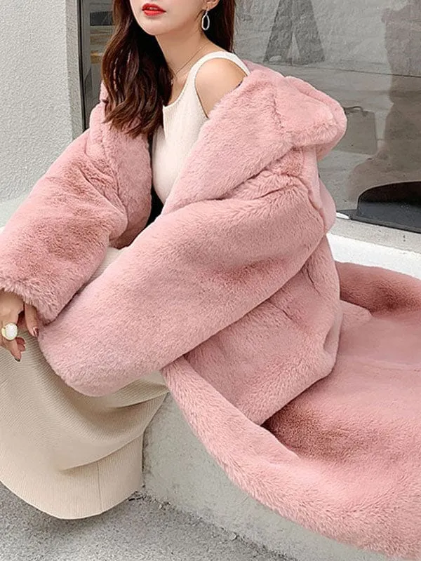 Faux Fur Coats For Women Hooded Long Sleeves Polyester Long Pink Winter Overcoat