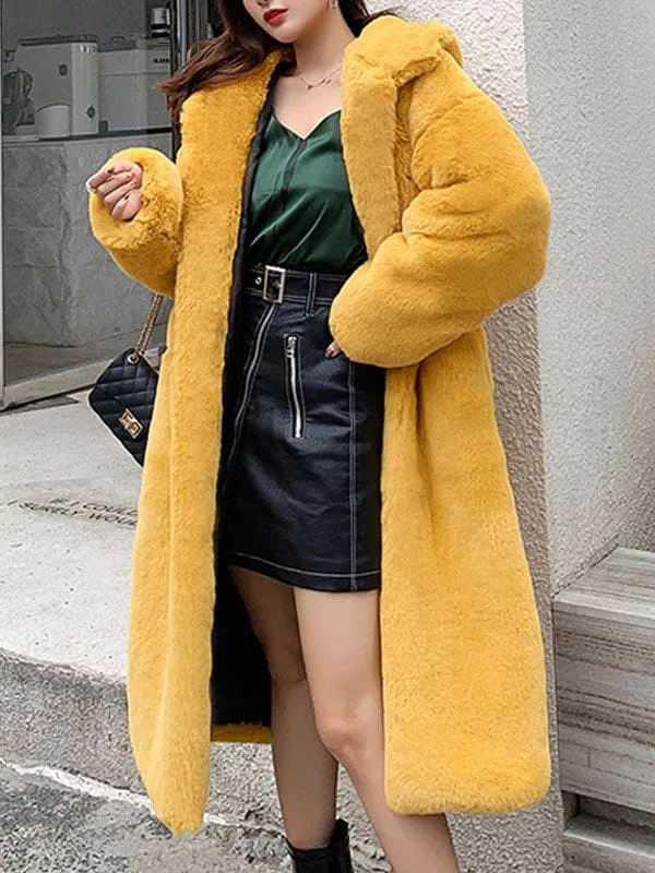 Faux Fur Coats For Women Hooded Long Sleeves Polyester Long Pink Winter Overcoat