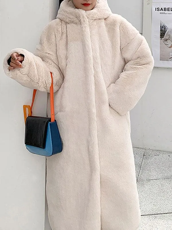 Faux Fur Coats For Women Hooded Long Sleeves Polyester Long Pink Winter Overcoat