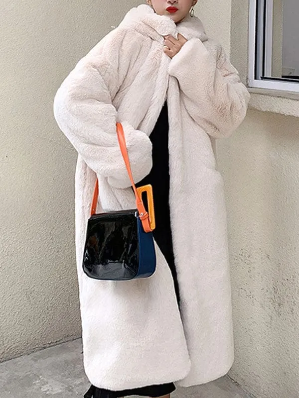 Faux Fur Coats For Women Hooded Long Sleeves Polyester Long Pink Winter Overcoat