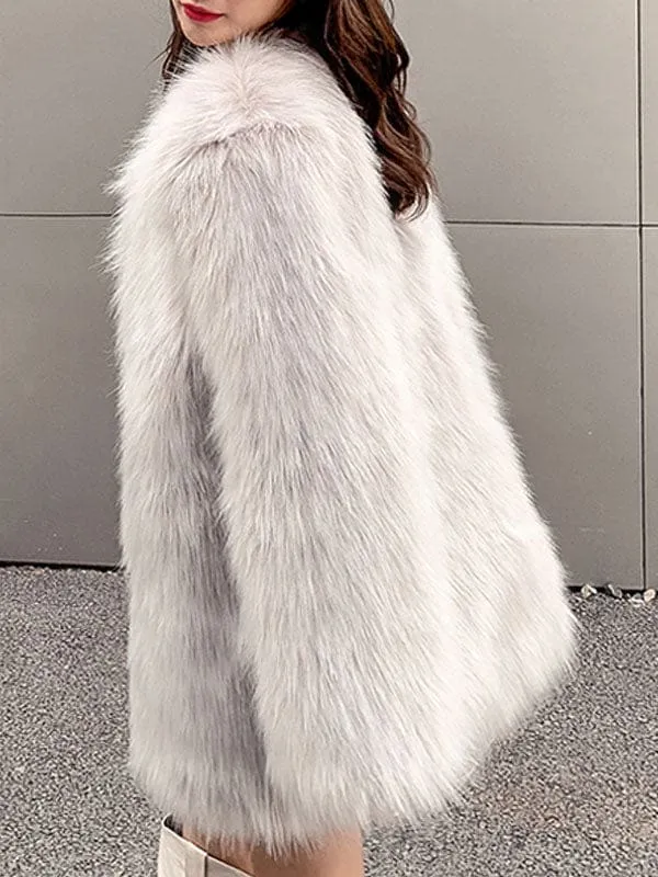 Faux Fur Coats For Women Light Gray Long Sleeves Polyester Short Winter Coat