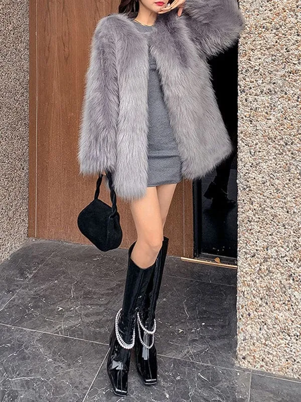 Faux Fur Coats For Women Light Gray Long Sleeves Polyester Short Winter Coat