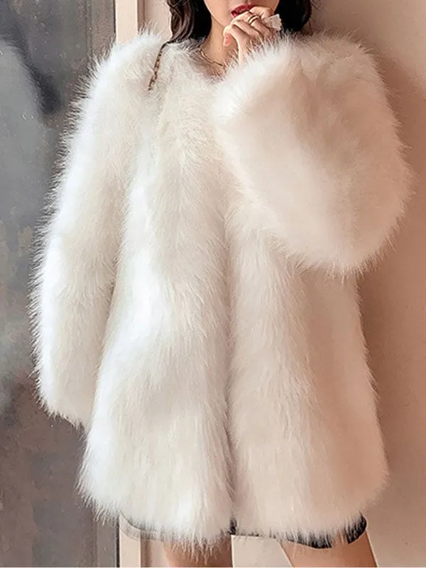 Faux Fur Coats For Women Light Gray Long Sleeves Polyester Short Winter Coat