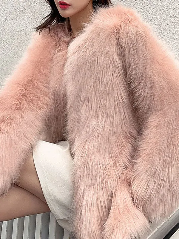 Faux Fur Coats For Women Light Gray Long Sleeves Polyester Short Winter Coat