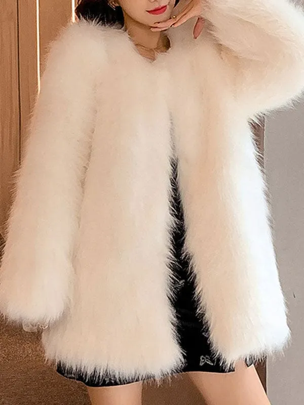 Faux Fur Coats For Women Light Gray Long Sleeves Polyester Short Winter Coat