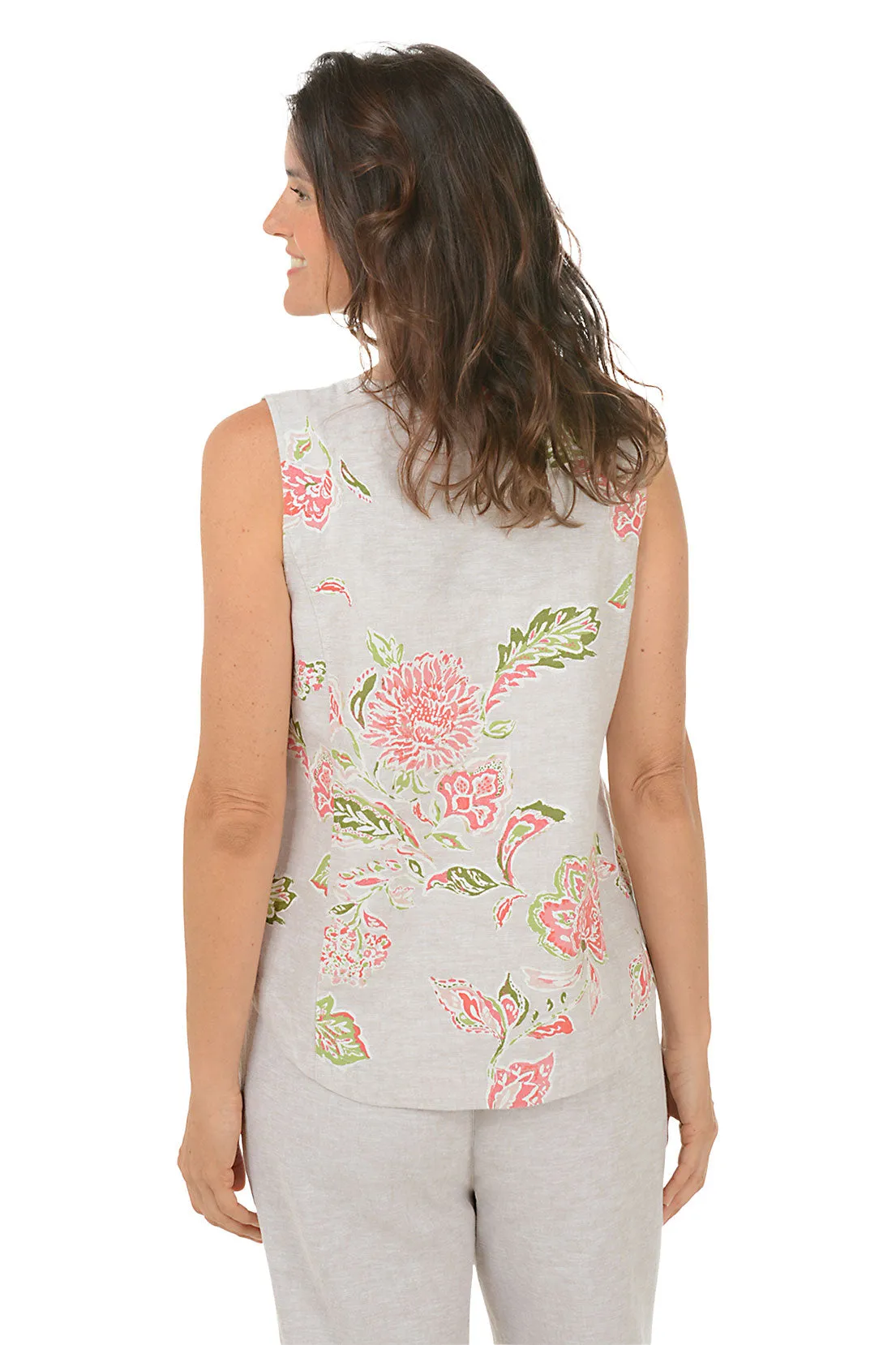 Floral Triple Button Strap Linen-Blend Tank