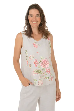Floral Triple Button Strap Linen-Blend Tank