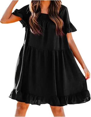 hlysgo Vacation Dresses for Women 2024 Summer Short Sleeve Square Neck Mini Dress Casual Ruffle A-Line Swing Beach Dress