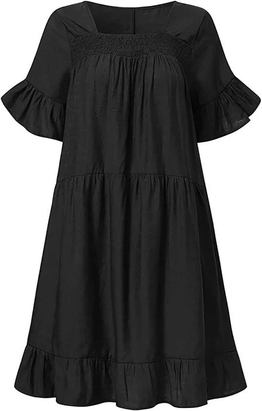 hlysgo Vacation Dresses for Women 2024 Summer Short Sleeve Square Neck Mini Dress Casual Ruffle A-Line Swing Beach Dress