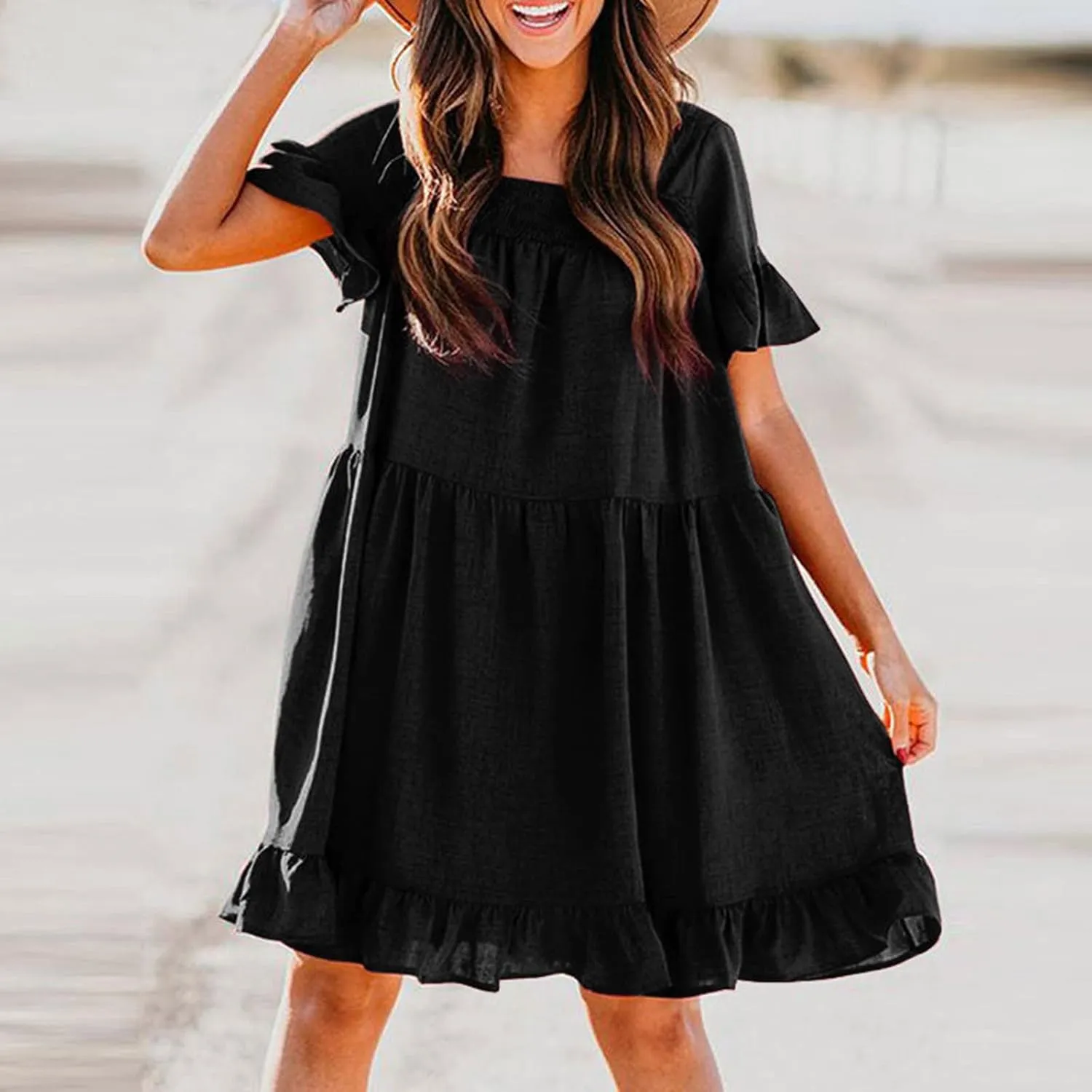 hlysgo Vacation Dresses for Women 2024 Summer Short Sleeve Square Neck Mini Dress Casual Ruffle A-Line Swing Beach Dress