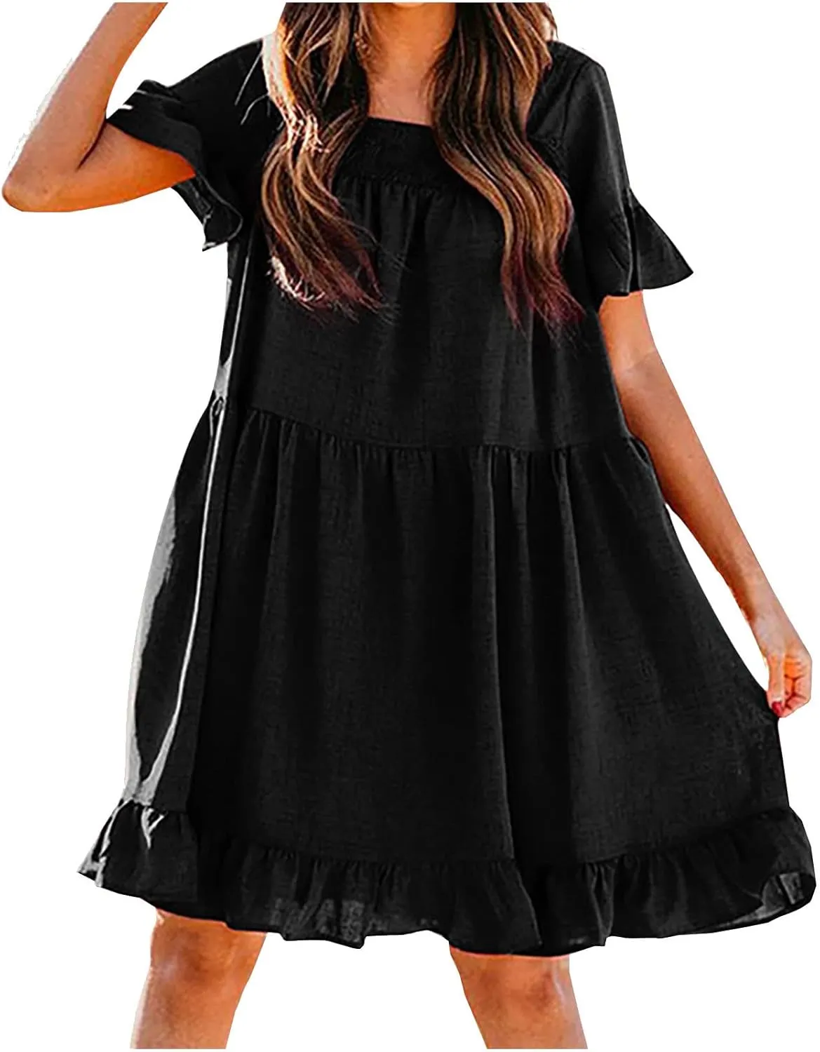 hlysgo Vacation Dresses for Women 2024 Summer Short Sleeve Square Neck Mini Dress Casual Ruffle A-Line Swing Beach Dress