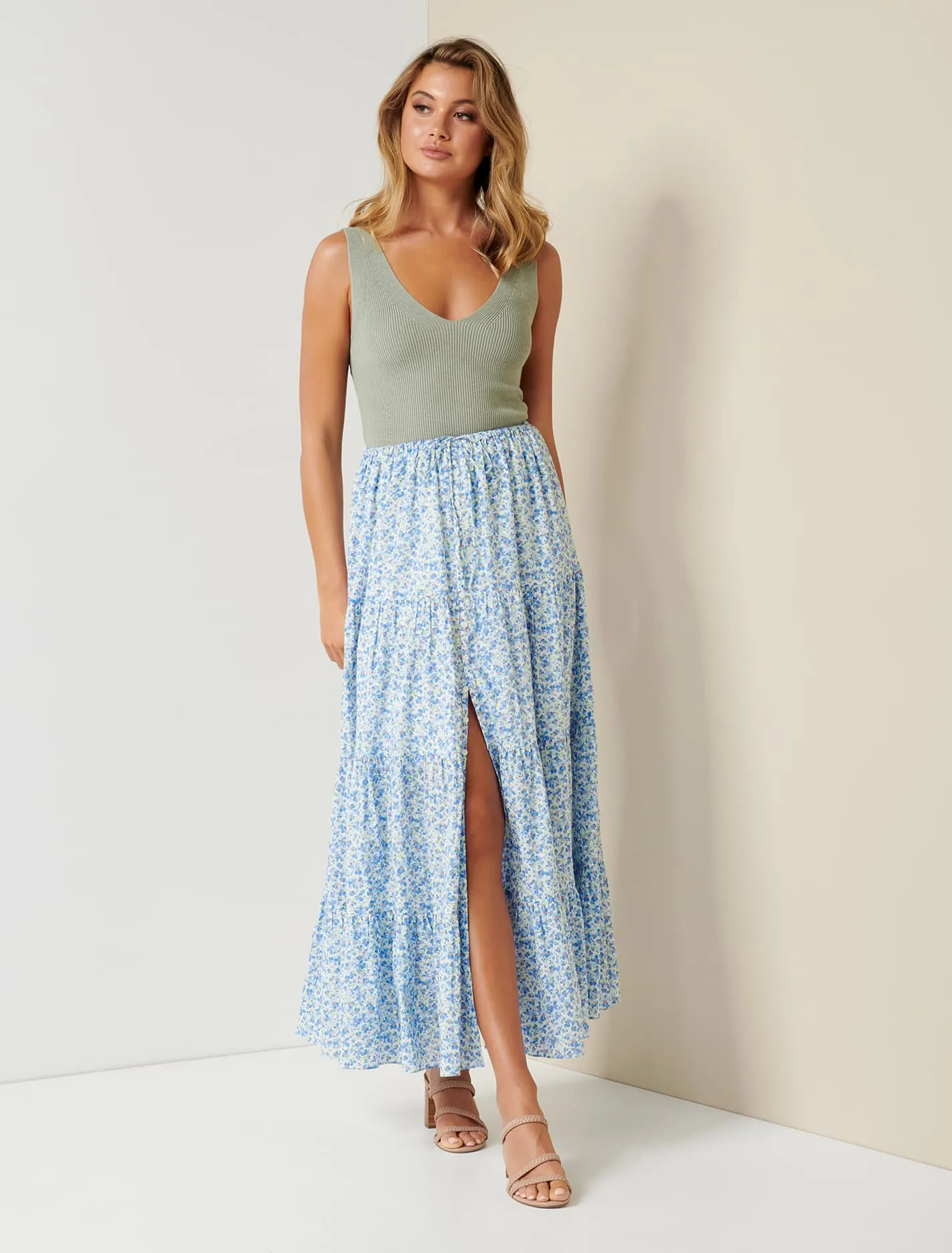 Lenora Tiered Cotton Midi Skirt