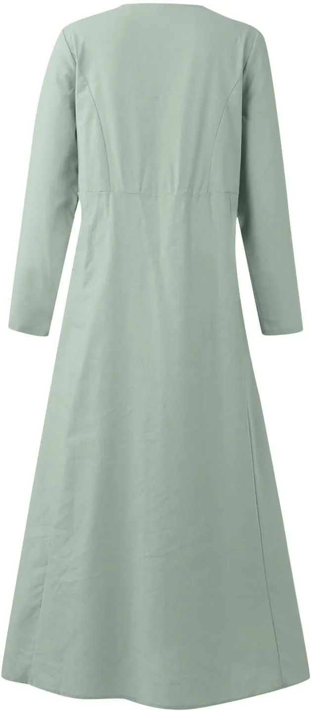 Linen Dress for Women, Fall Long Sleeve Solid Casual Baggy Flowy Maxi Dresses Plus Size Crew Neck Dress with Pockets
