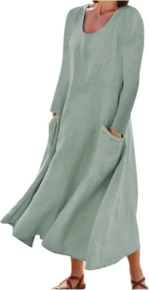 Linen Dress for Women, Fall Long Sleeve Solid Casual Baggy Flowy Maxi Dresses Plus Size Crew Neck Dress with Pockets