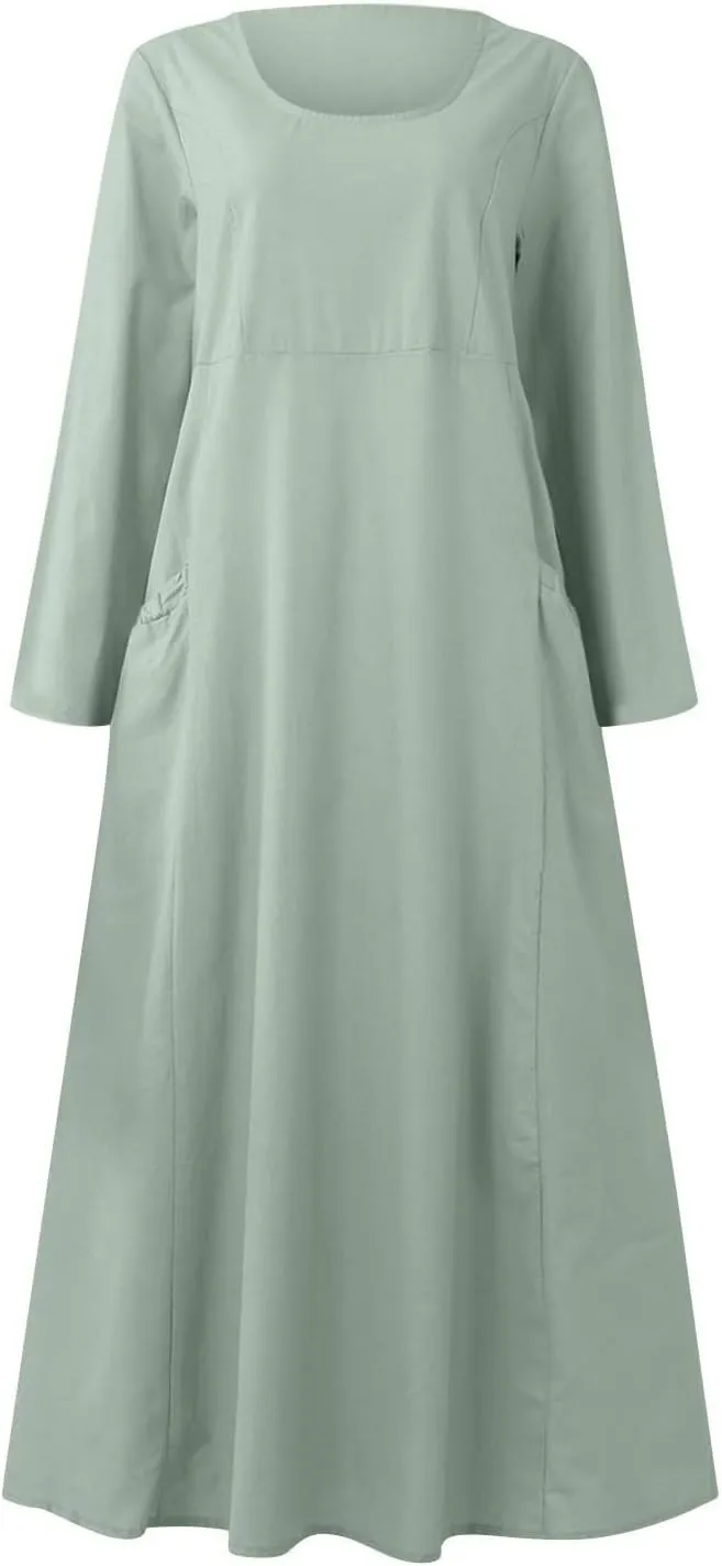 Linen Dress for Women, Fall Long Sleeve Solid Casual Baggy Flowy Maxi Dresses Plus Size Crew Neck Dress with Pockets