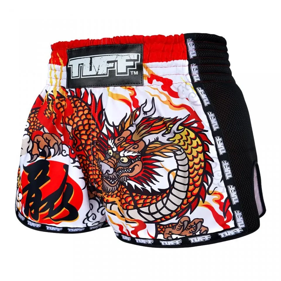 MRS204 TUFF Muay Thai Shorts Retro Style White Chinese Dragon