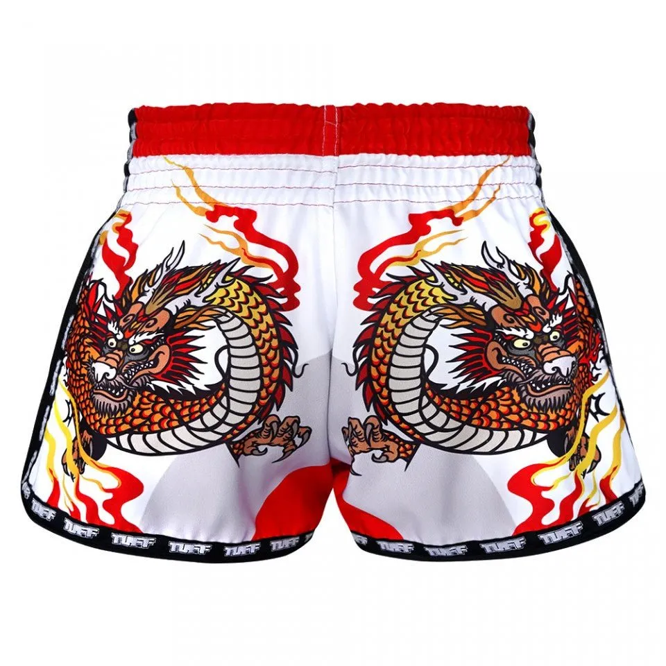 MRS204 TUFF Muay Thai Shorts Retro Style White Chinese Dragon