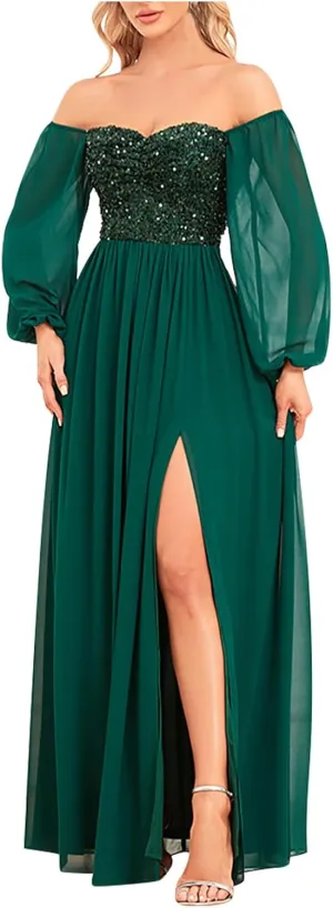 NATHGAM Women's Gowns Solid Chiffon Evening Dresses Long Sleeves Glitter Prom Cocktail Dress Formal Wedding Guest Dresses