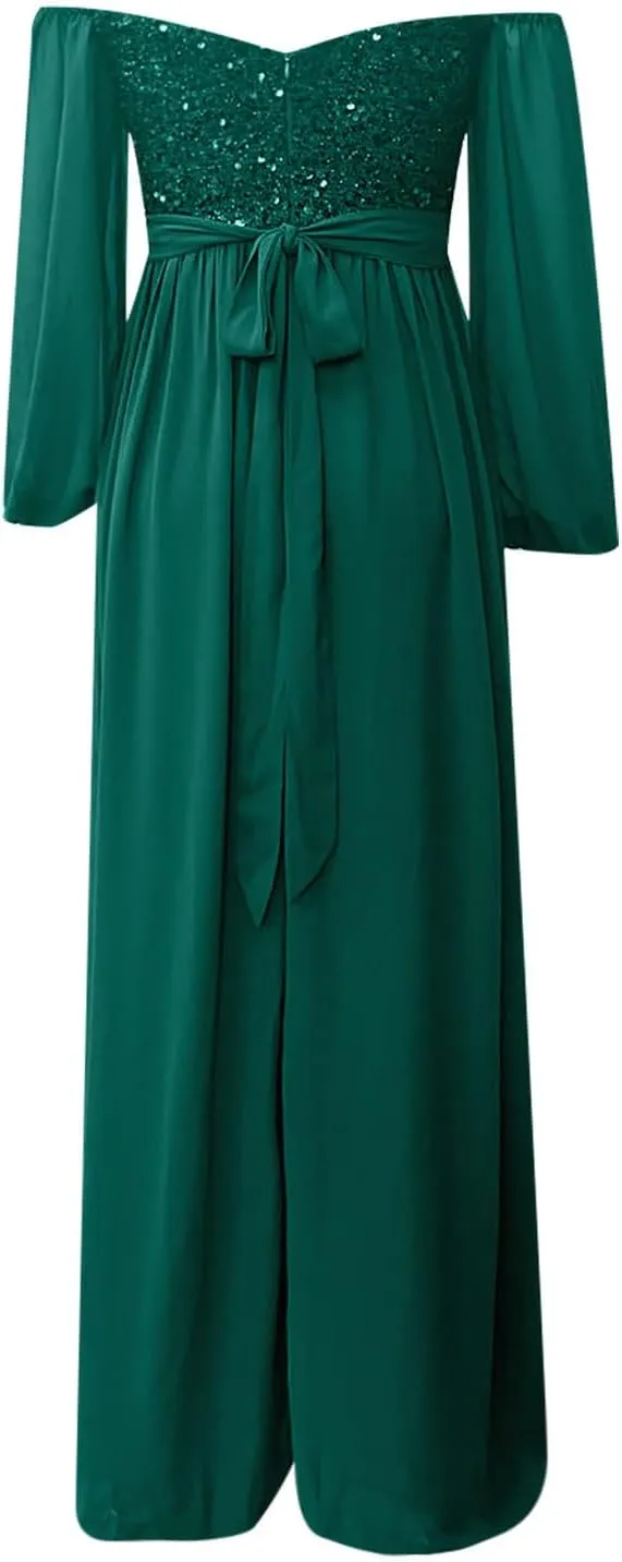 NATHGAM Women's Gowns Solid Chiffon Evening Dresses Long Sleeves Glitter Prom Cocktail Dress Formal Wedding Guest Dresses