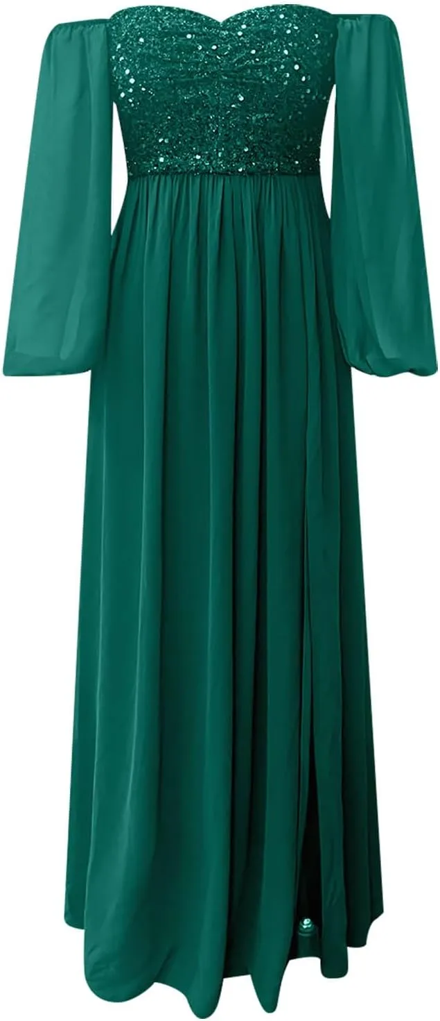 NATHGAM Women's Gowns Solid Chiffon Evening Dresses Long Sleeves Glitter Prom Cocktail Dress Formal Wedding Guest Dresses
