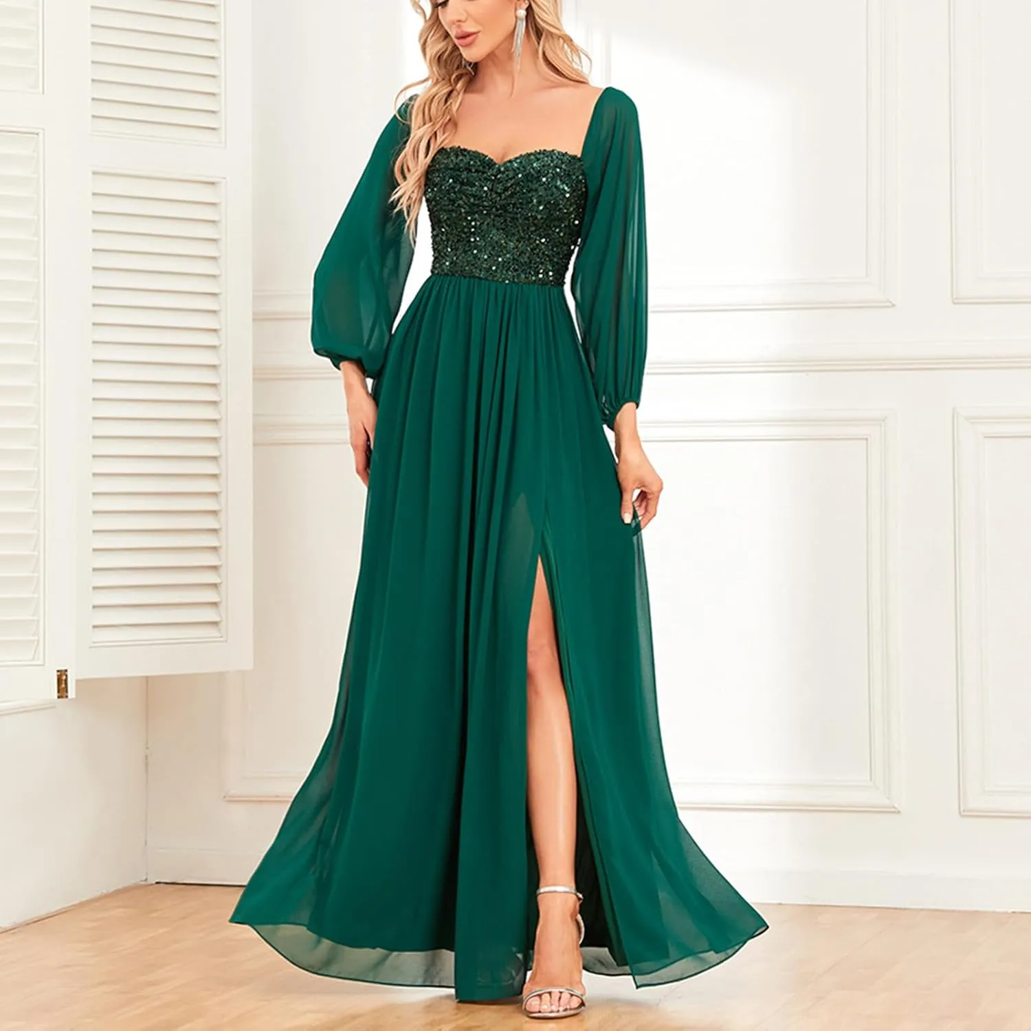 NATHGAM Women's Gowns Solid Chiffon Evening Dresses Long Sleeves Glitter Prom Cocktail Dress Formal Wedding Guest Dresses