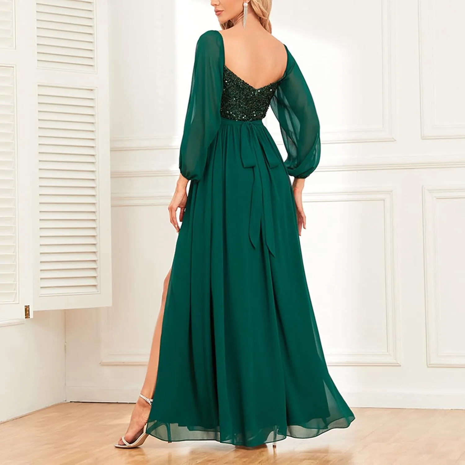 NATHGAM Women's Gowns Solid Chiffon Evening Dresses Long Sleeves Glitter Prom Cocktail Dress Formal Wedding Guest Dresses