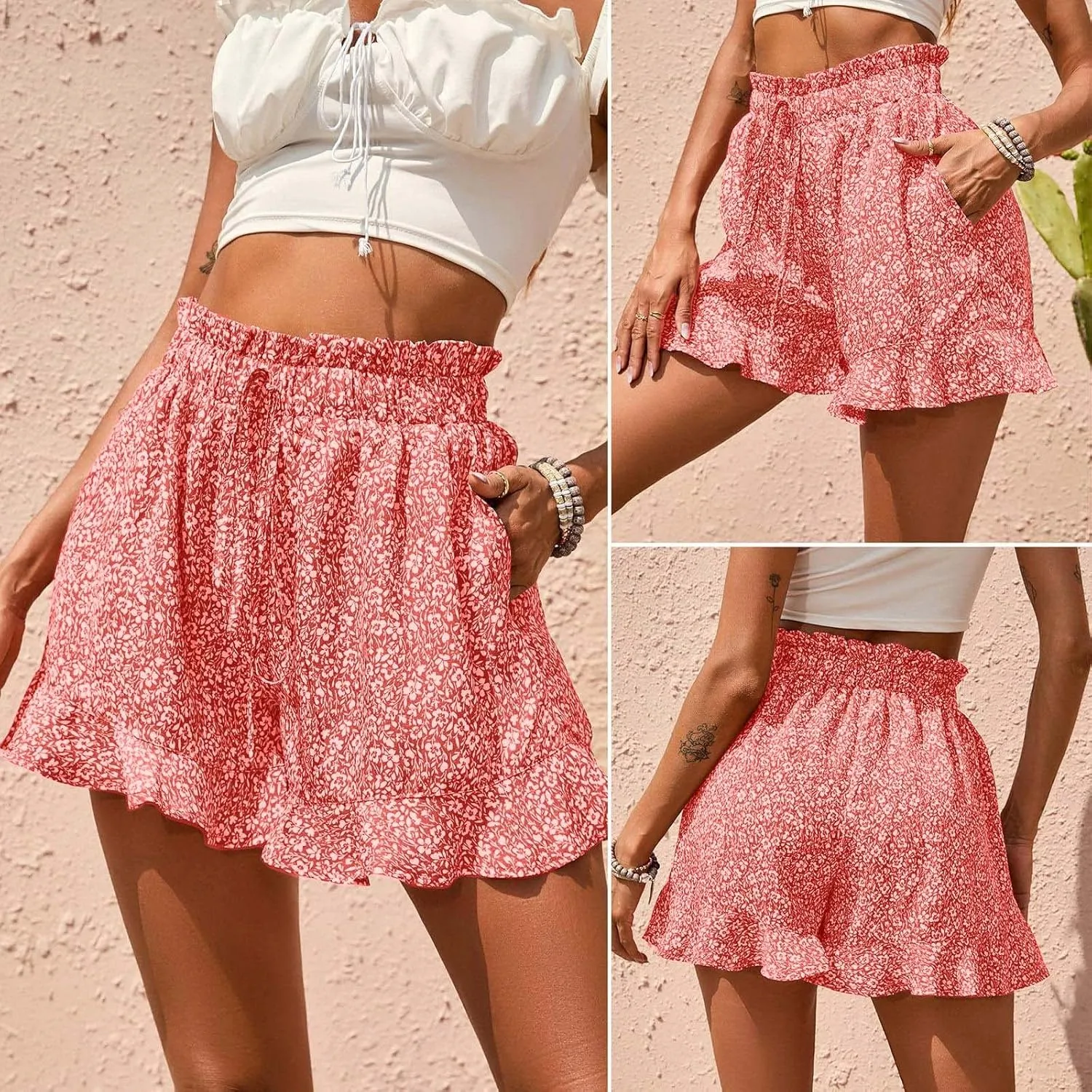 Rvidbe Flowy Shorts for Women Casual Boho Floral Skorts Ruffle Mini Skirts Summer Lightweight Chiffon Butterfly Shorts