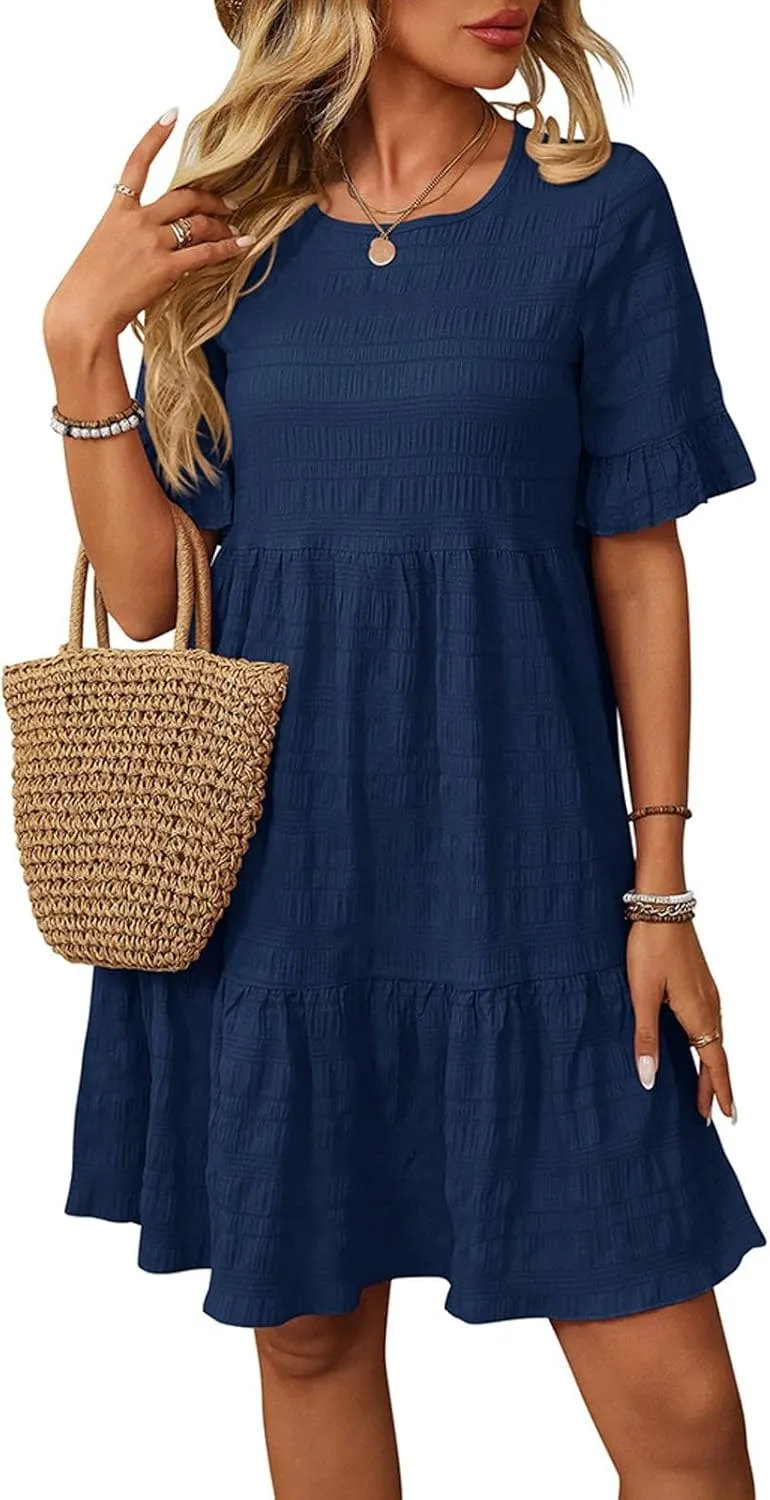 Short Sleeve Ruffle Boho Dress for Women, 2025 Trendy Vacation Bohemian Dresses Elegant Crew Neck Sundress