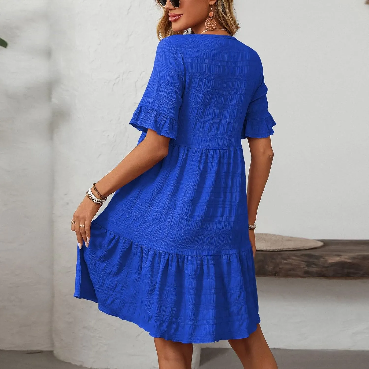Short Sleeve Ruffle Boho Dress for Women, 2025 Trendy Vacation Bohemian Dresses Elegant Crew Neck Sundress