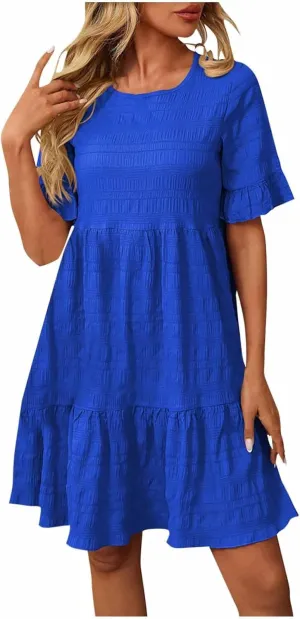 Short Sleeve Ruffle Boho Dress for Women, 2025 Trendy Vacation Bohemian Dresses Elegant Crew Neck Sundress