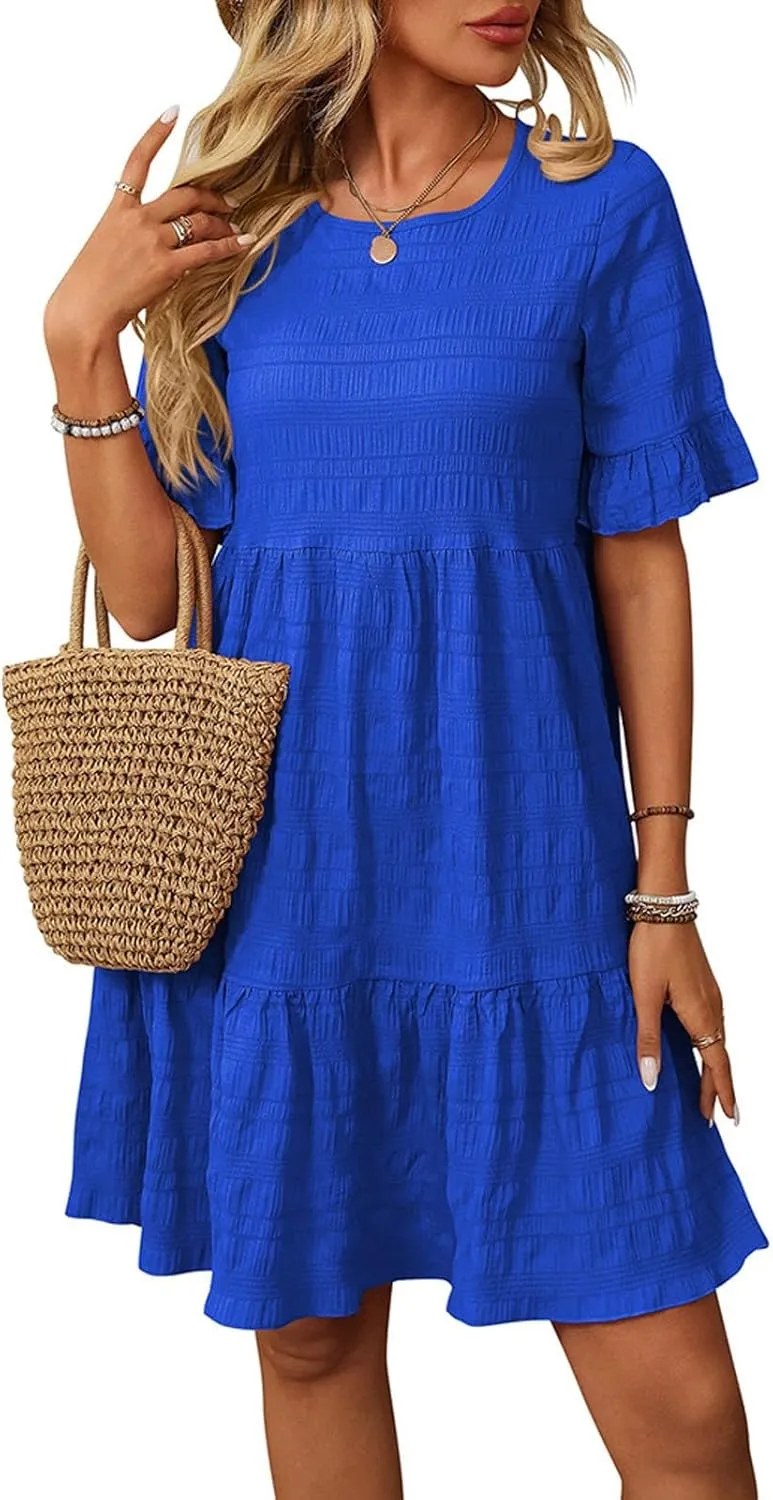 Short Sleeve Ruffle Boho Dress for Women, 2025 Trendy Vacation Bohemian Dresses Elegant Crew Neck Sundress