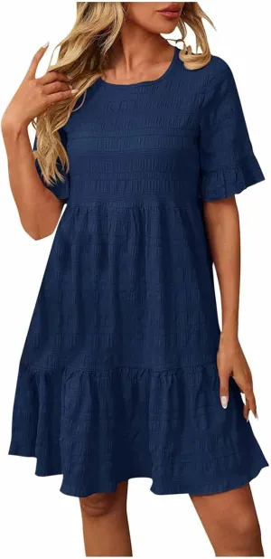 Short Sleeve Ruffle Boho Dress for Women, 2025 Trendy Vacation Bohemian Dresses Elegant Crew Neck Sundress
